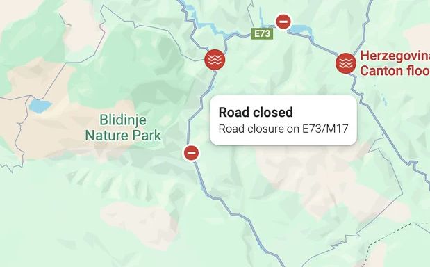 Google Maps označio poplave u BiH, istaknuli i ulice koje su zatvorene za saobraćaj