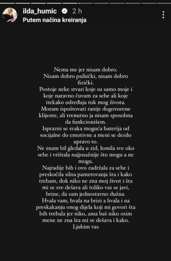 Ilda Humić zabrinula pratitelje: Nema me jer nisam dobro