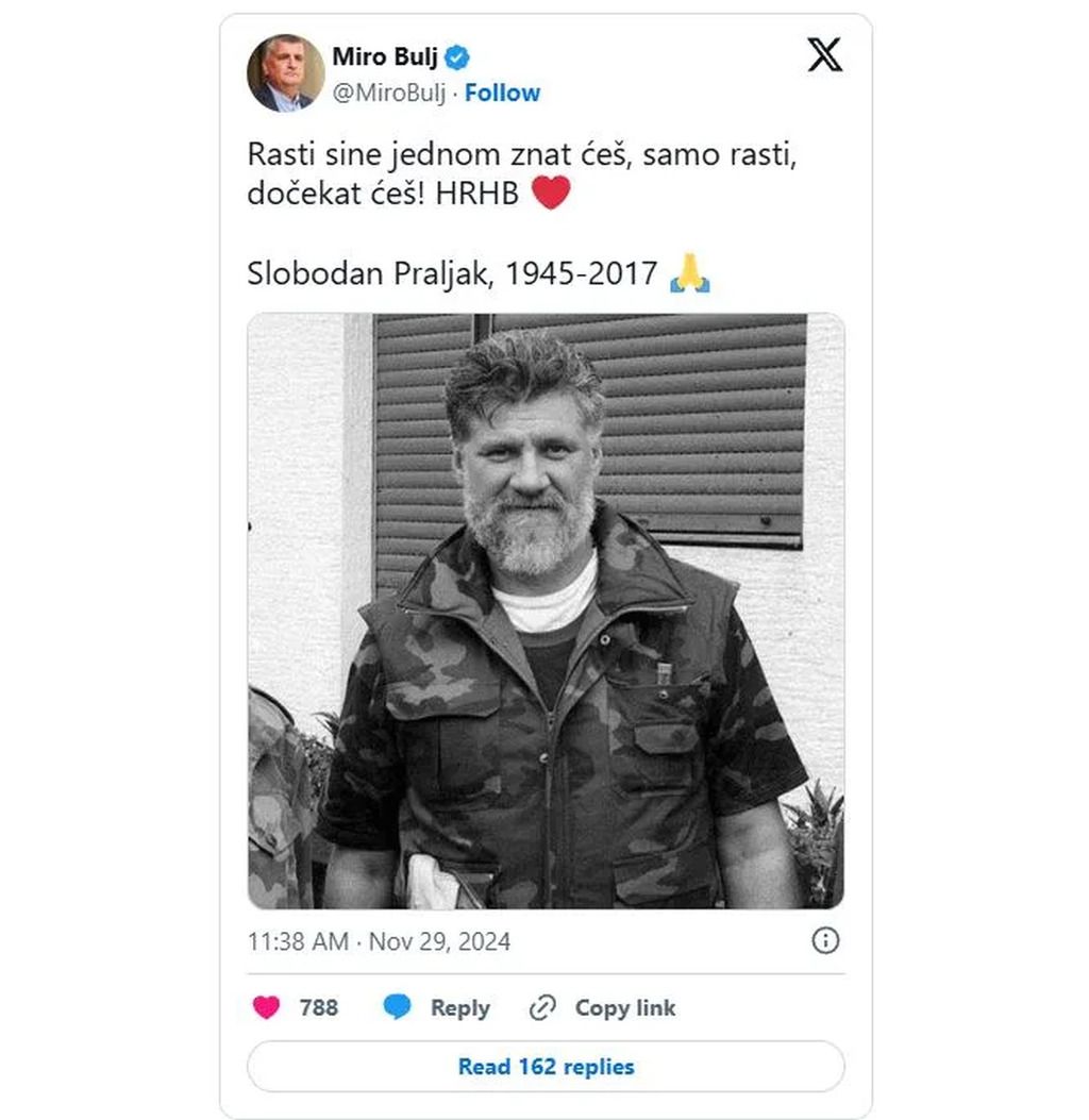 Praljak, osuđen za zločine protiv čovječnosti tokom rata u BiH, odgovoran je za progon, mučenje i etničko čišćenje Bošnjaka u sklopu udruženog zločinačkog poduhvata.