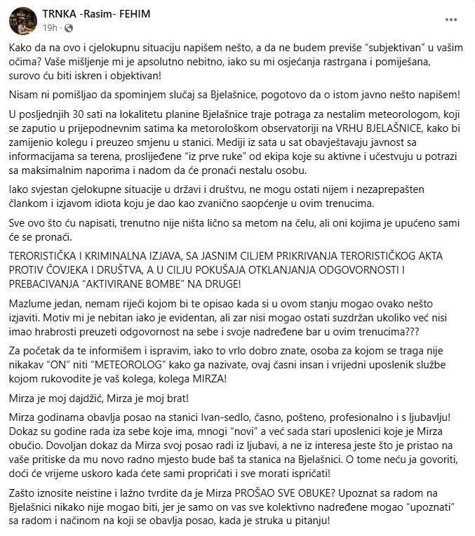 U medijima se jedino oglasio jedan od uposlneika FHMZ-a koji je kazao da je uposlenik "prošao sve potrebne obuke", kao i da mu je ovo bio drugi izlazak na Bjelašnicu.