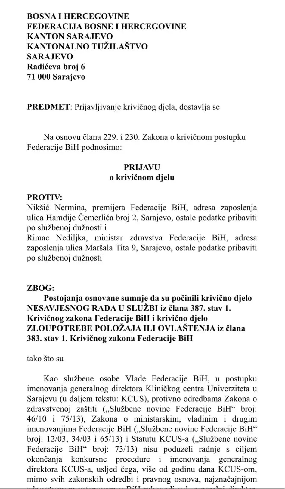 Sindikat radnika u zdravstvu Kantona Sarajevo podnio krivične prijave protiv Nikšića i Rimca