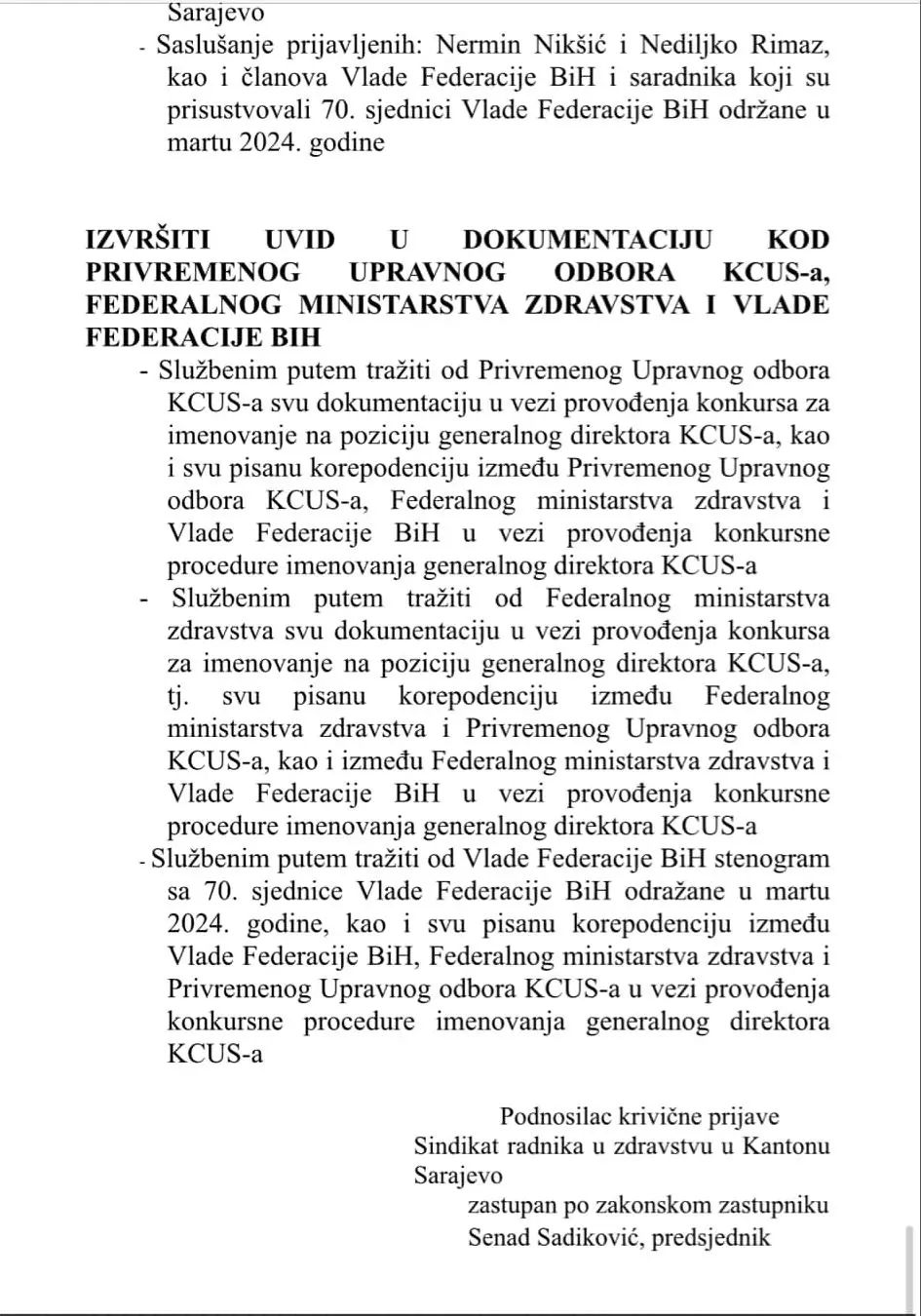 Sindikat radnika u zdravstvu Kantona Sarajevo podnio krivične prijave protiv Nikšića i Rimca