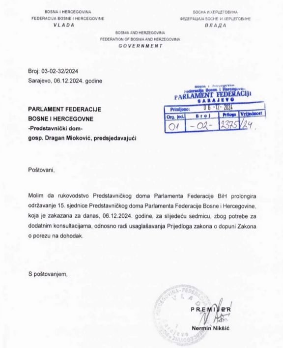 Mioković po nalogu Vlade FBiH odgodio današnju sjednicu Zastupničkog doma FBiH