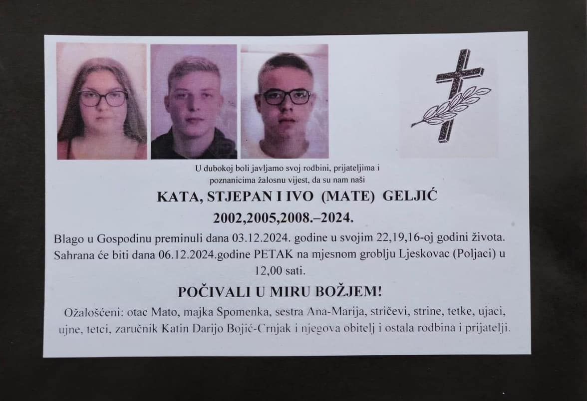 U teškoj saobraćajnoj nesreći koja se jučer dogodila kod Brčkog poginuli su Kata Geljić (22), Stjepan Geljić (19) i njihov maloljetni brat iz Donje Skakave.