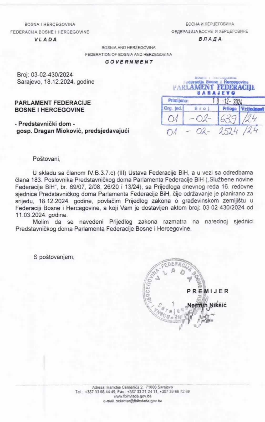 Nikšić povukao Zakon o građevinskom zemljištu sa sjednice Predstavničkog doma Parlamenta FBiH