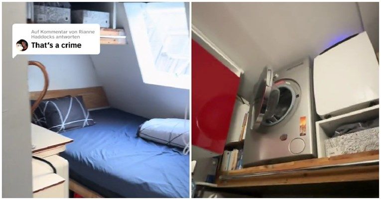 Na policama preko puta kreveta nalaze se police na kojima je mikrovalna i zdjelice, a pored kreveta je televizija