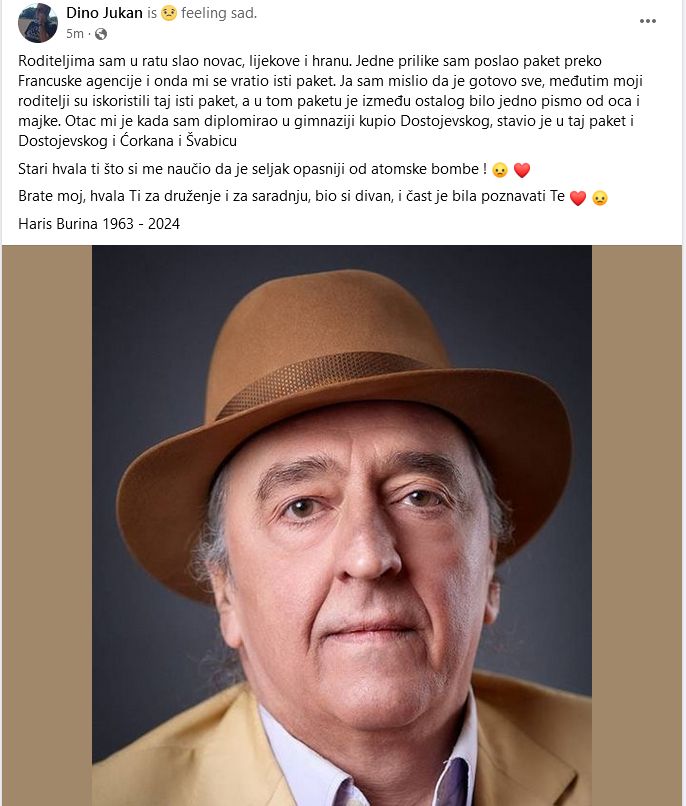 Bh. javnost potresla je informacija da je preminuo velikan bh. glumišta Haris Burina. 