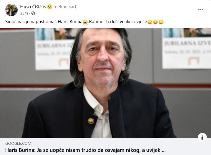 Bh. javnost potresla je informacija da je preminuo velikan bh. glumišta Haris Burina. 