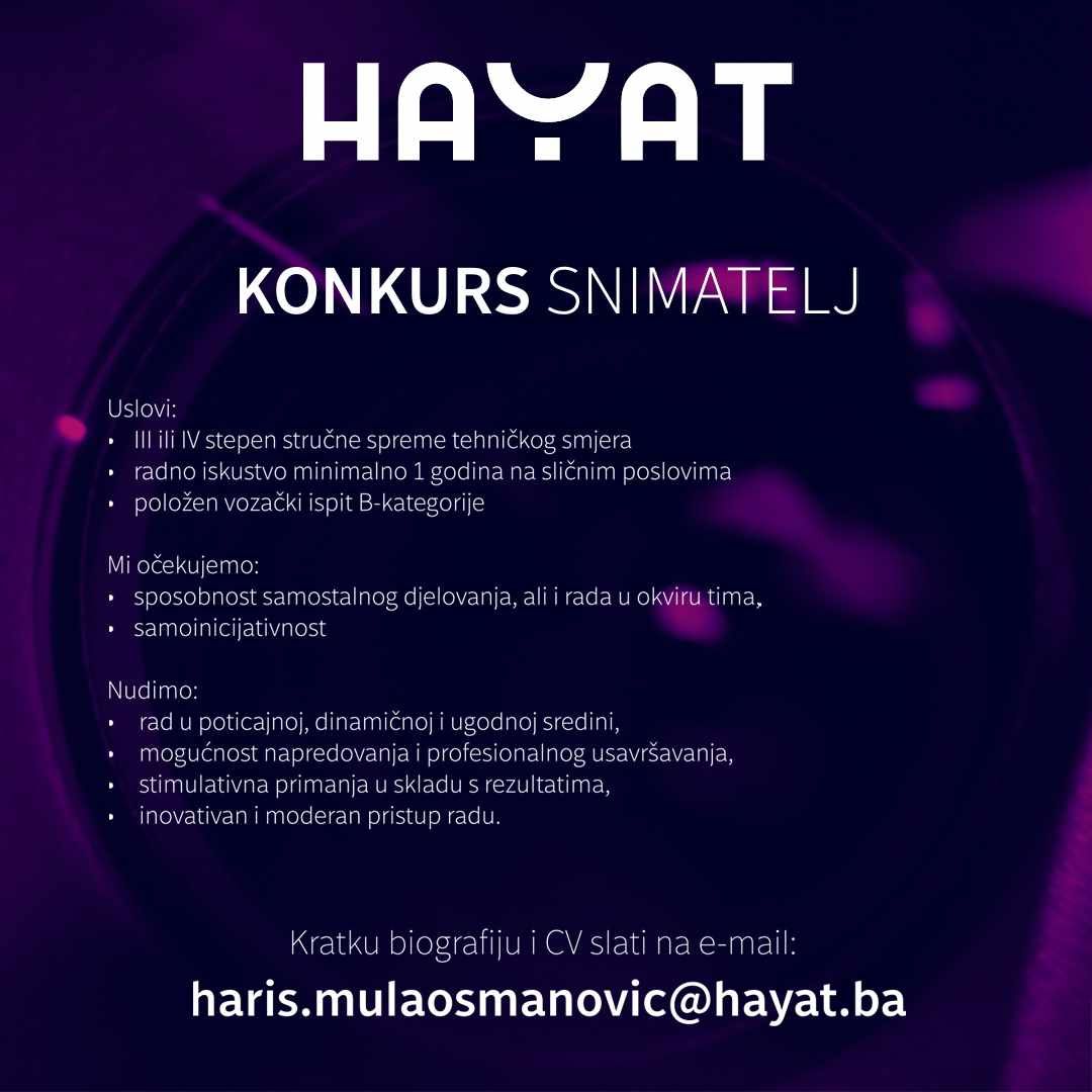 Televizija Hayat raspisuje konkurs za poziciju snimatelja