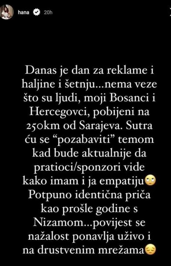 Oglasila se na društvenim mrežama, kazala je kako se historija ponavlja uživo i na društvenim mrežama