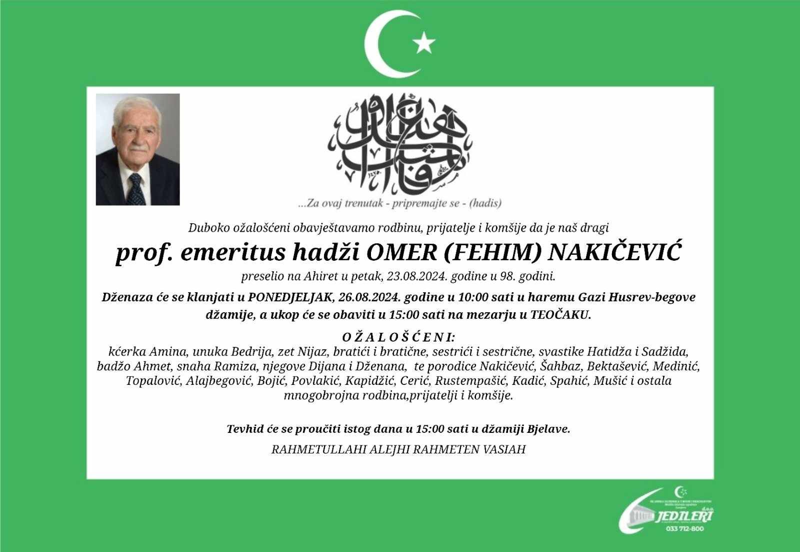 Poznato mjesto i vrijeme dženaze prof. dr. Omeru Nakičeviću