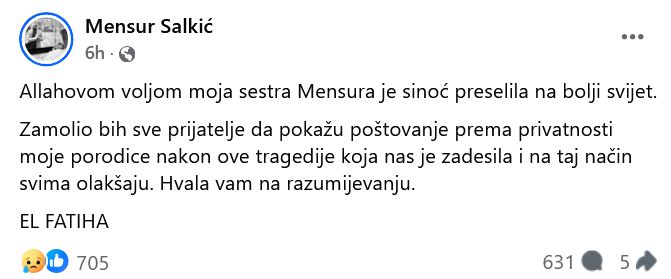 Mensur Salkić emotivnom porukom se oprostio od sestre