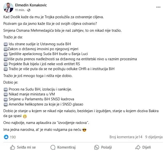 Dodik prozvao Konakovića: Nezgodno je kad ti je Tito najbolji prijatelj, a nije maršal