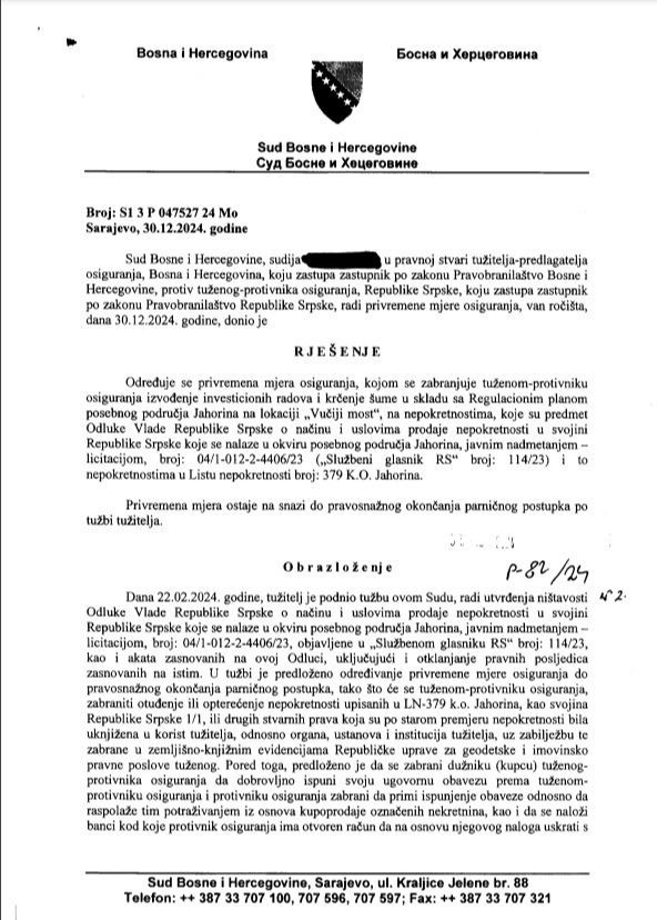 Sud BiH donio privremenu mjeru: Entitetu RS zabranjeno izvođenje investicionih radova i krčenje šume