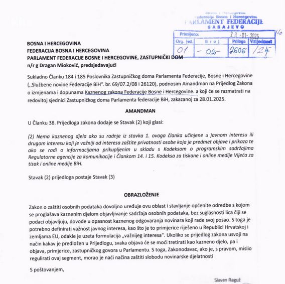 Ukoliko se prijedlog zakona usvoji na način kakav je predložen u Prijedlogu, svaka objava će se moći tretirati kao krivično djelo, kaže Raguž