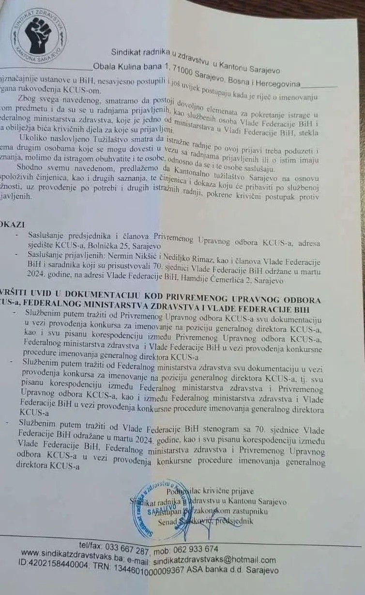Sadiković ispitan u Tužilaštvu: Rimac je kumovao problemima u KCUS-u, Nikšić sve mirno posmatrao