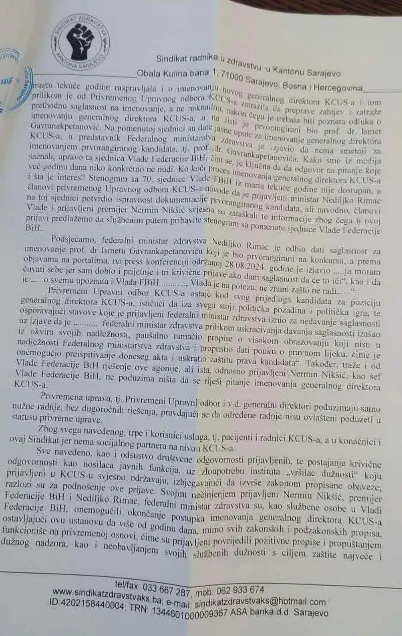 Sadiković ispitan u Tužilaštvu: Rimac je kumovao problemima u KCUS-u, Nikšić sve mirno posmatrao