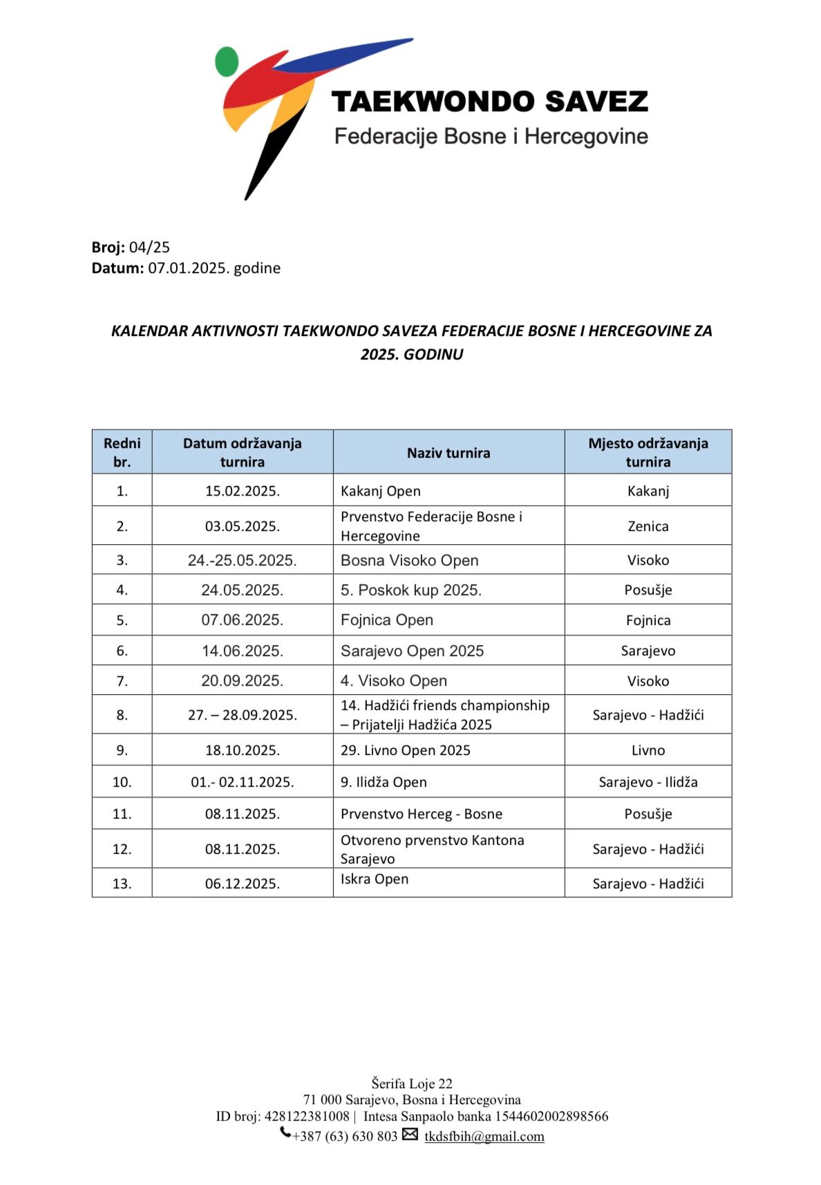 Taekwondo savez FBiH objavio kalendar takmičenja za ovu godinu