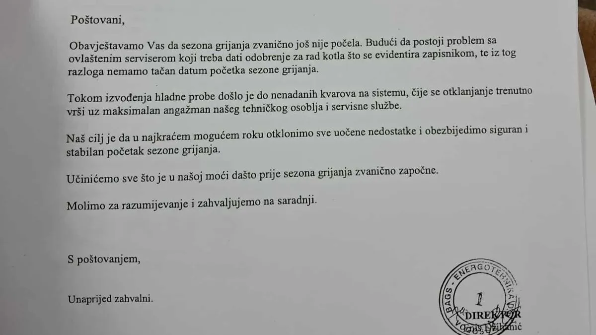 Predstavnici kompanije Bags ne prisustvuju sjednici iako je pozvan direktor i njegovi predstavnici, a koja se direktno tiče problema s grijanjem. 