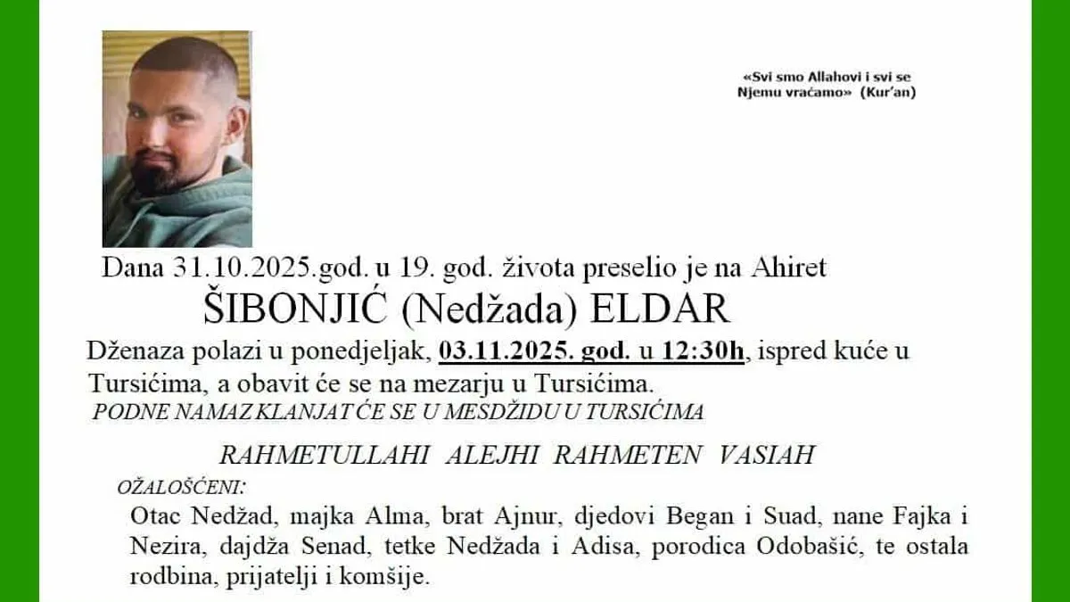 Prevelika tuga: Poznato vrijeme u mjesto dženaze 19-godišnjeg Eldara Šibonjića