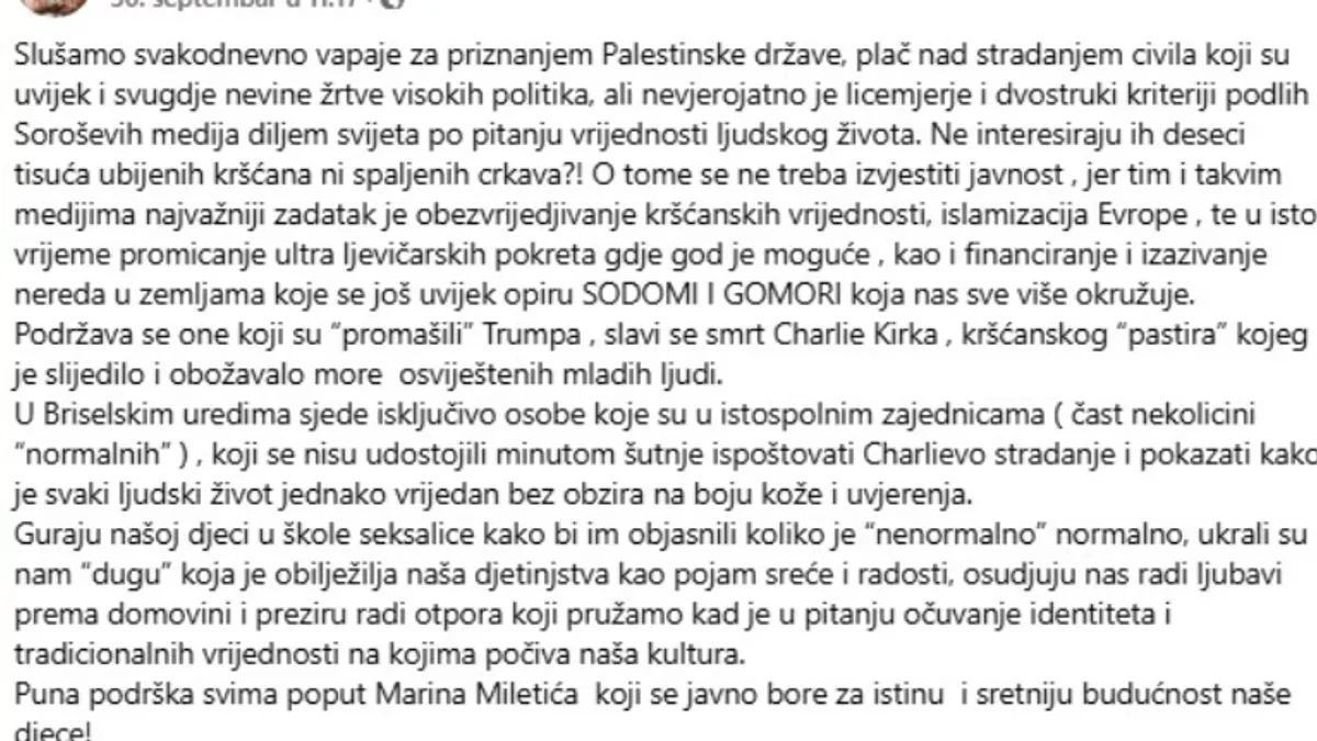 Skandalozna objava osvanula je 30. septembra na njegovom Facebook profilu