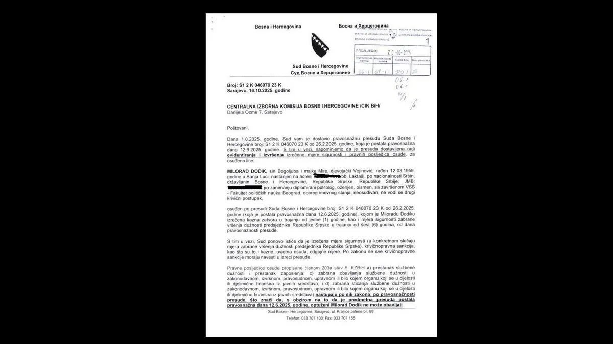 Ovaj dopis je došao Centralnoj izbornoj komisiji BiH prošle sedmice