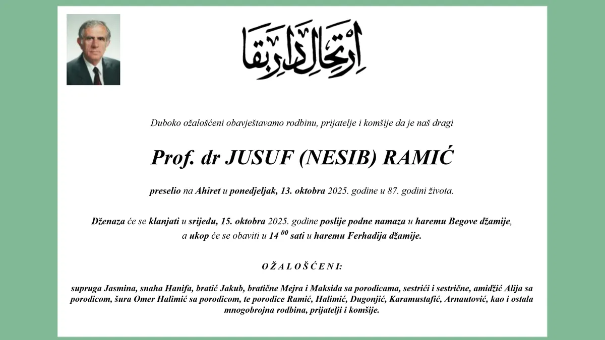 Istaknuti profesor FIN-a preselio na ahiret: Poznat termin dženaze dr. Jusufu Ramiću