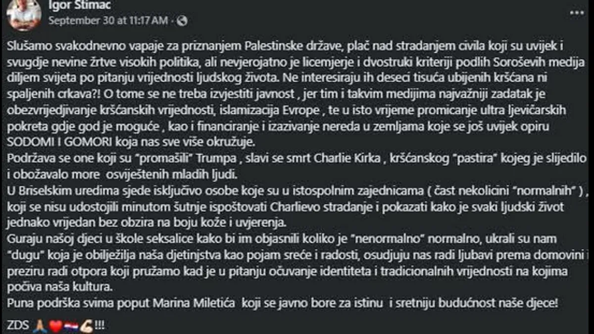 Skandalozna objava osvanula je 30. septembra na njegovom Facebook profilu