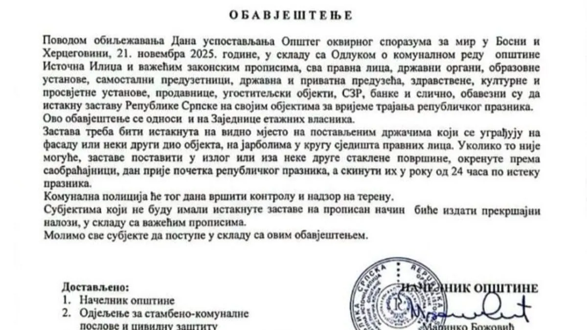 Zastava ili kazna: Načelnik Istočne Ilidže naredio obavezno isticanje zastava RS-a