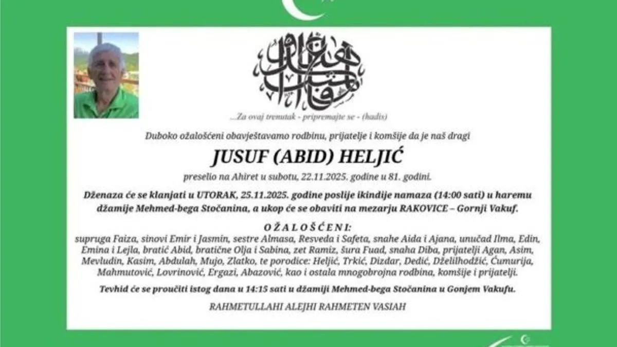 Tužne vijesti iz srednje Bosne: Na ahiret preselio Jusuf Heljić, pukovnik Armije Republike BiH 