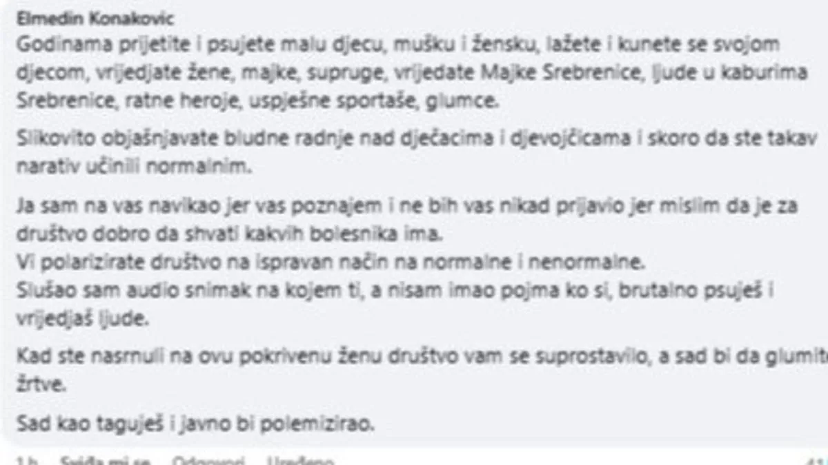 Očigledno da Konakovića problemi u BiH ne interesuju mnogo pa ima vremena komentarisati Facebook statuse drugih