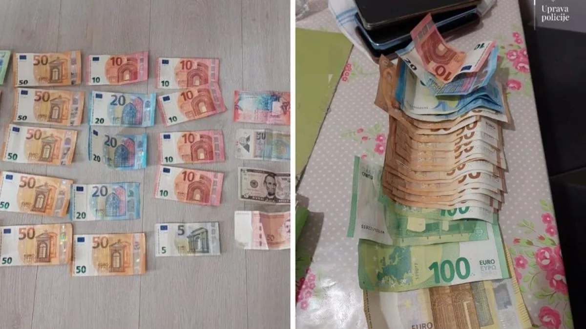 Pretresom stana pronađen je i oduzet novac u iznosu od 2.345 eura, 50 konvertibilnih maraka, 50 makedonskih denara, 20 švicarskih franaka i 5 američkih dolara