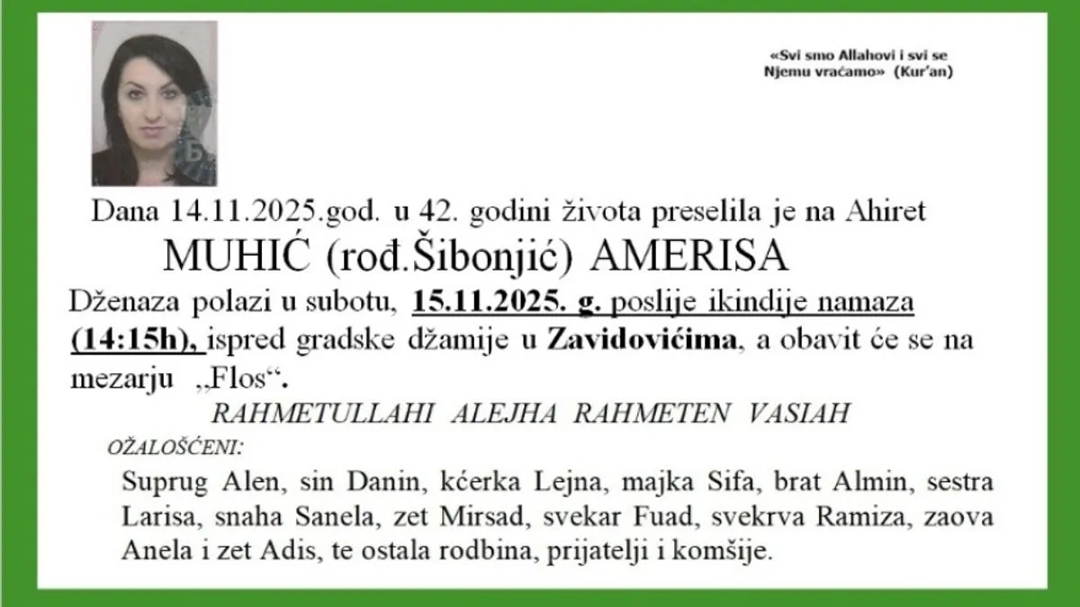 Njena iznenadna smrt ostavila je veliku prazninu u porodici i široj zajednici