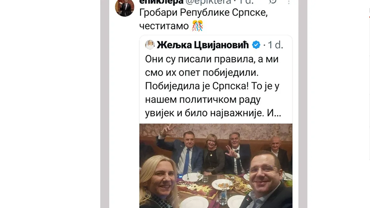 Željka Cvijanović objavila je fotografiju iz restorana u kojem je vrh SNSD-a proslavio sumnjivu izbornu pobjedu na vanrednim entitetskim izborima.