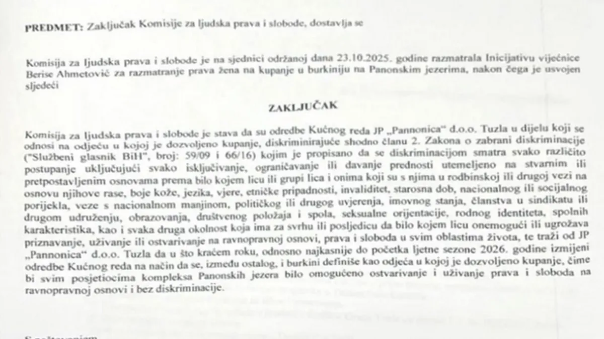 Napomenula je da je komisija je naložila preduzeću 'Pannonica' da najkasnije do početka ljetne sezone 2026. godine izvrši izmjene i dopune Kućnog reda