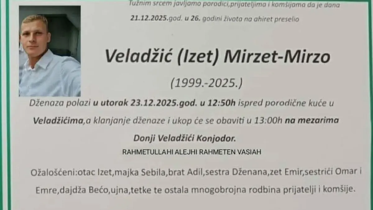 Poznat termin dženaze Mirzetu Veladžiću (26): Tužne poruke porodice i prijatelja