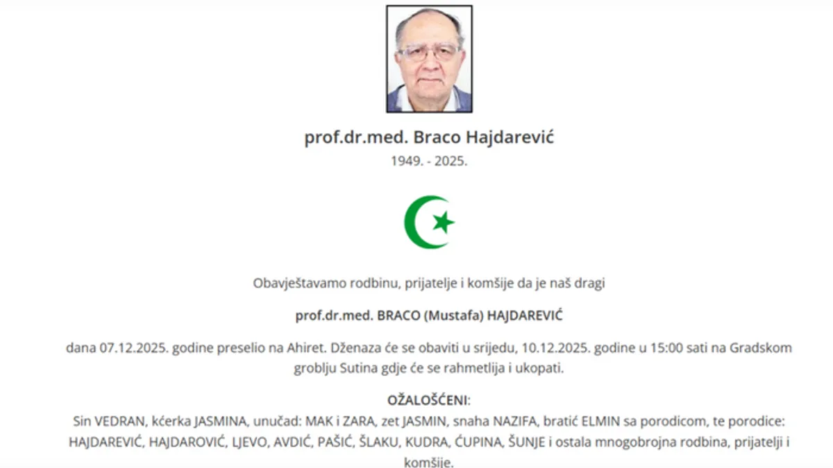 Dženaza doktoru Hajdareviću bit će održana u srijedu, 10. decembra