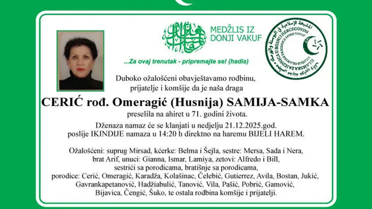 Nakon Hatidže Čolaković, preminula i Samija-Samka Cerić: Kraj jedne posebne priče
