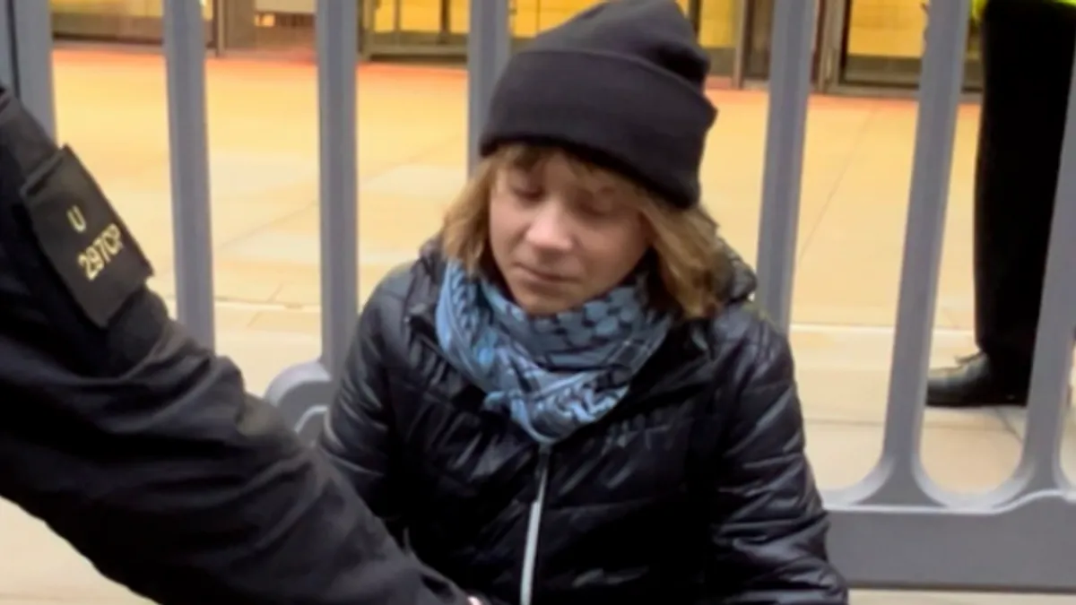 Pojašnjeno je da je Thunberg uhapšena jer je nosila tablu u znak podrške zabranjenoj ogranizaciji - Palestinska akcija, što je protivno Zakonu o terorizmu iz 2000. godine.