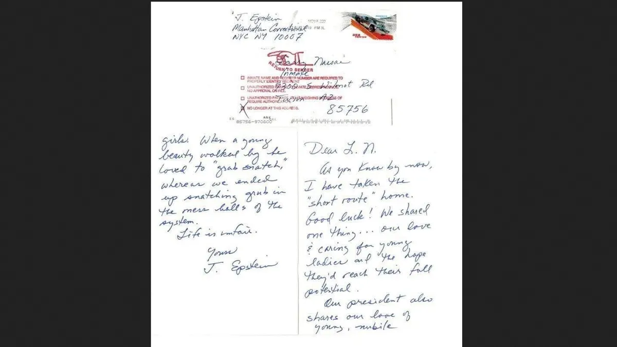 Pismo je poslano poštom 13. augusta 2019. godine, tri dana nakon što je Epstein umro u pritvoru, što je proglašeno samoubistvom