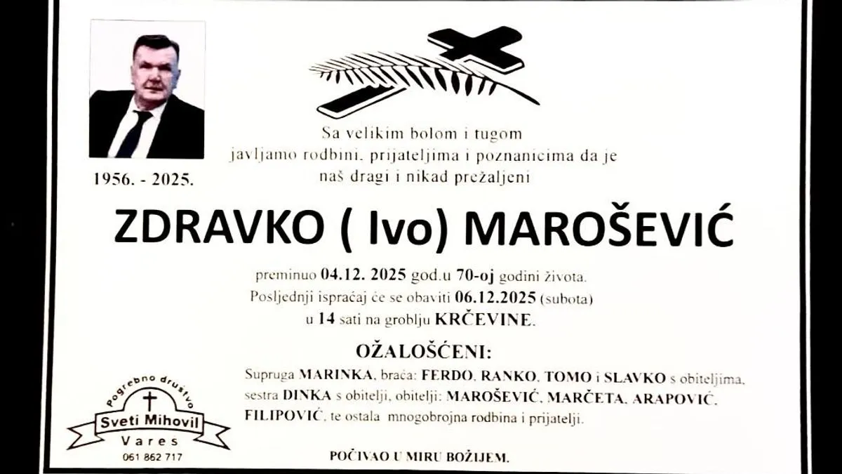 Tuga u Varešu: Poznato vrijeme i mjesto sahrane Zdravka Maroševića