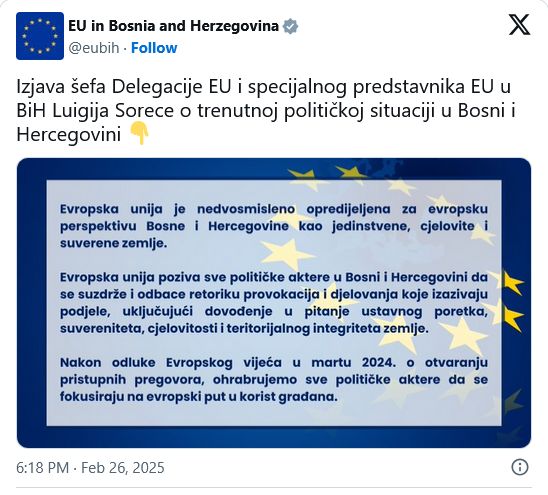 Evropska unija poziva sve političke aktere u Bosni i Hercegovini da se suzdrže.