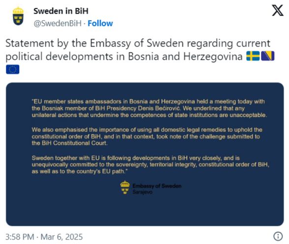 Ambasada Švedske: Neprihvatljivi su potezi koji narušavaju nadležnosti institucija BiH