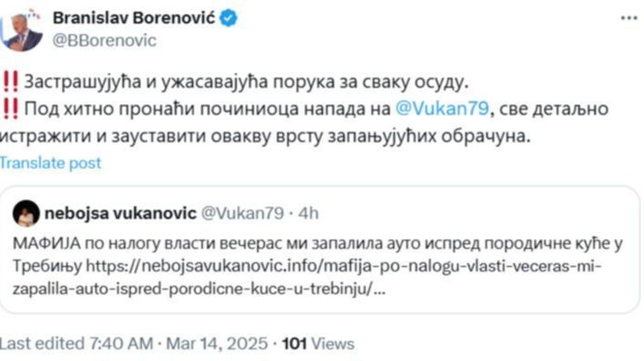 Borenović nakon paljenja Vukanovićevog automobila: Zastrašujuća i užasavajuća poruka