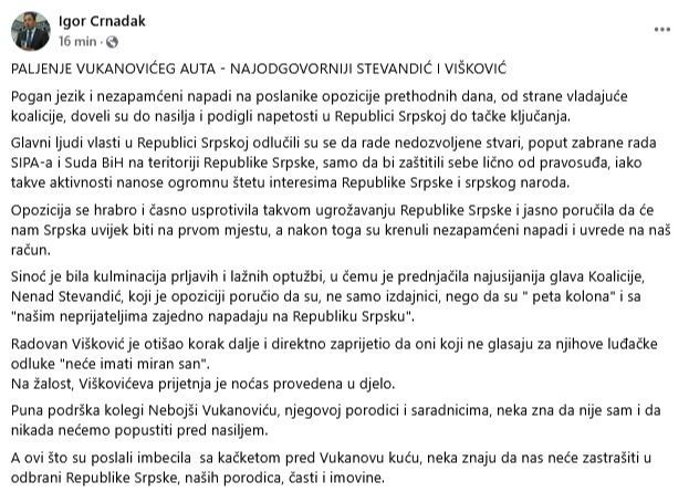 Crnadak: Stevandić i Višković su najodgovorniji za paljevinu automobila Vukanoviću