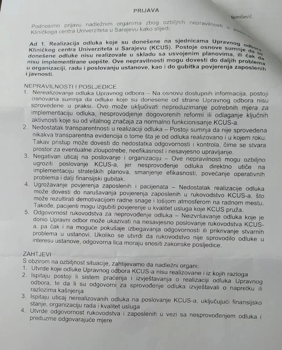 Uposlenici KCUS-a podnijeli prijavu: Traže da se i ispitaju i sankcionišu nezakonitosti u poslovanju