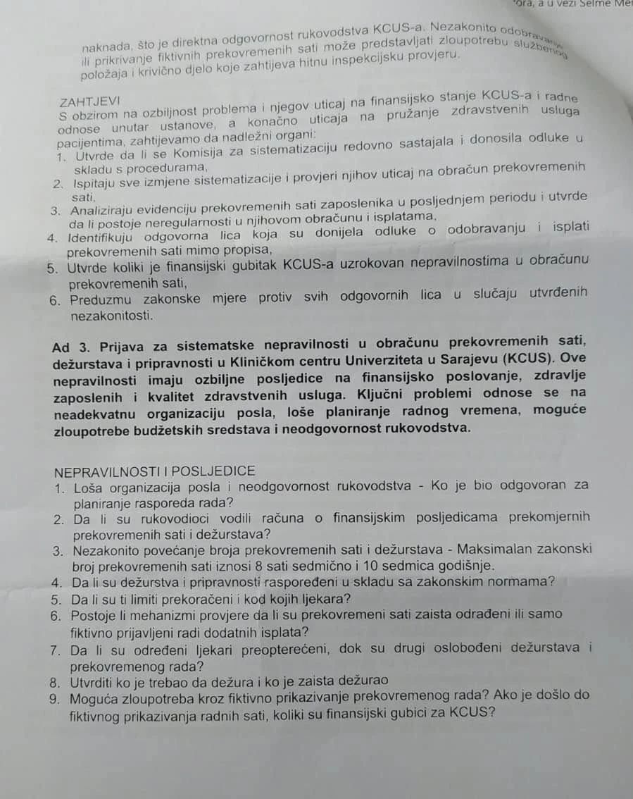Uposlenici KCUS-a podnijeli prijavu: Traže da se i ispitaju i sankcionišu nezakonitosti u poslovanju
