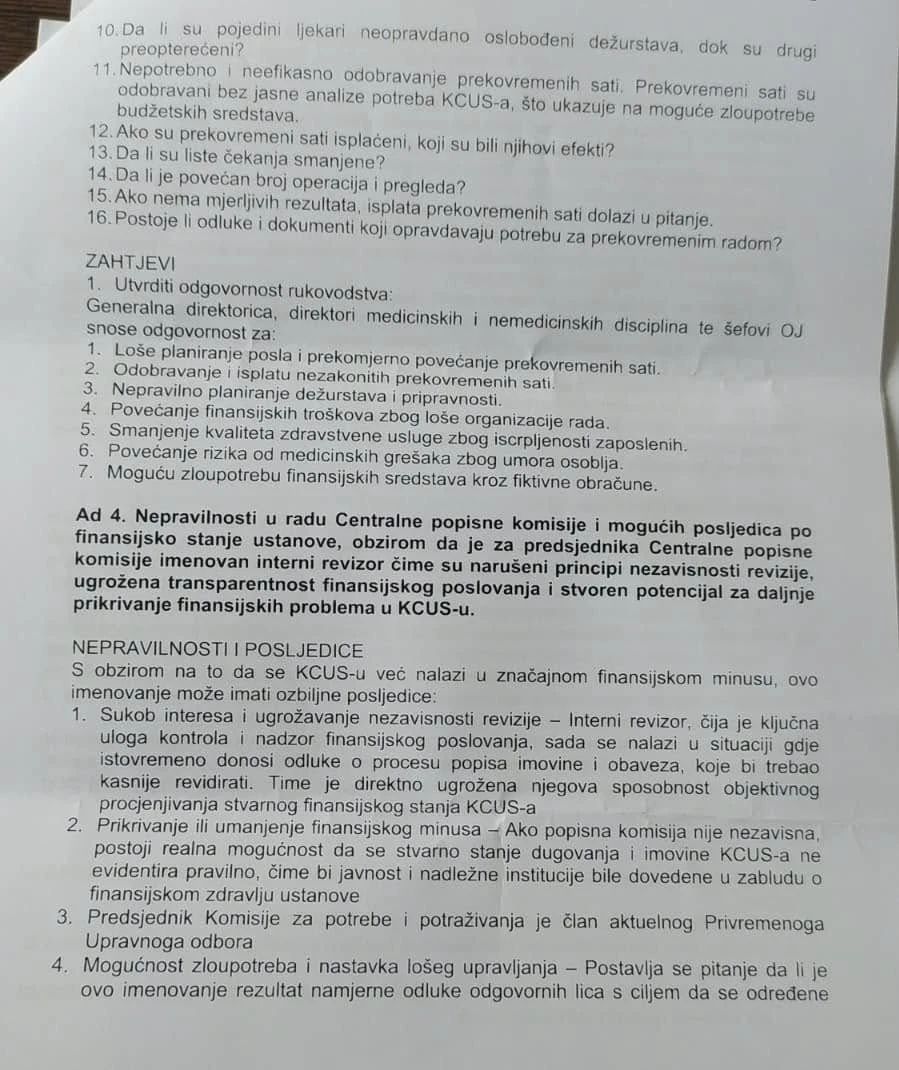Uposlenici KCUS-a podnijeli prijavu: Traže da se i ispitaju i sankcionišu nezakonitosti u poslovanju