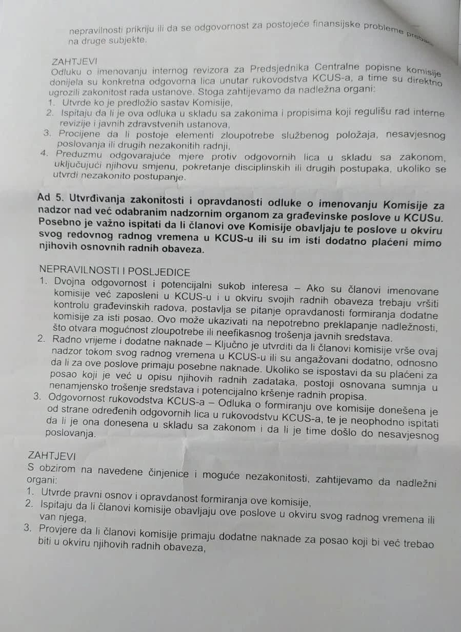 Uposlenici KCUS-a podnijeli prijavu: Traže da se i ispitaju i sankcionišu nezakonitosti u poslovanju
