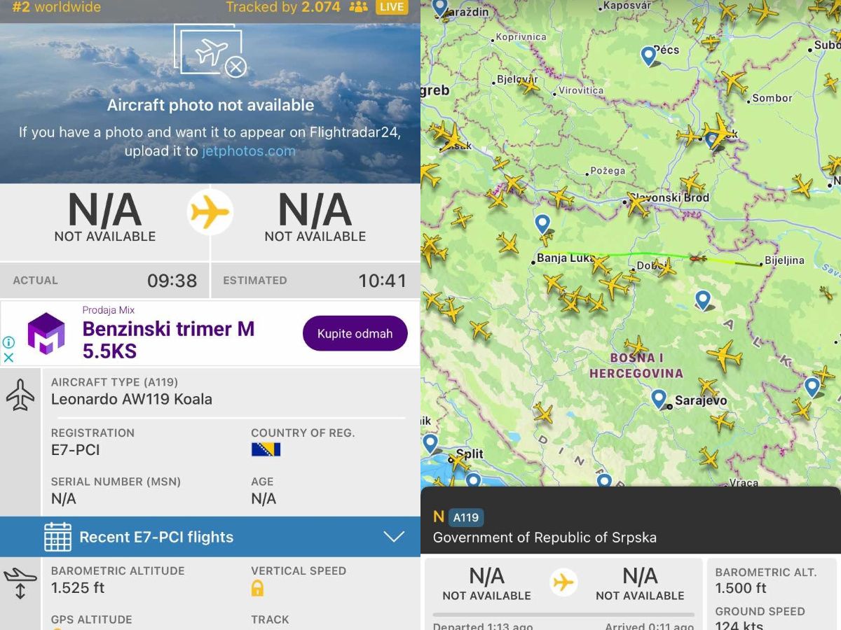 Helikopter Vlade RS-a na Flightradaru prati 2.074 ljudi: Druga najpraćenija letjelica na svijetu